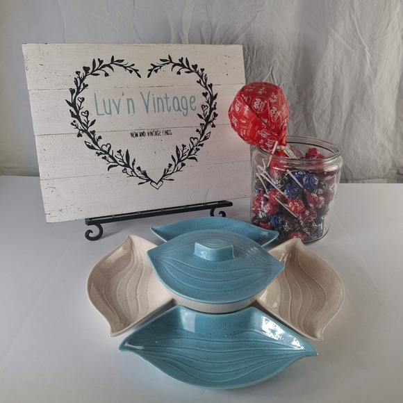 Other - Vintage MCM L-33 USA Ceramic Leaf Chip and Dip Set Speckled Blue Cream 6 Pieces
